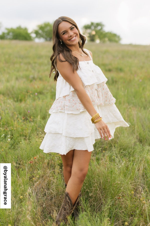 Rosette Layered Denim Dress - Ivory