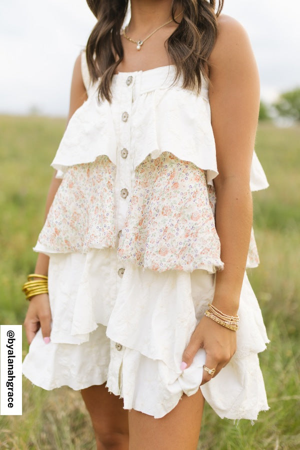 Rosette Layered Denim Dress - Ivory