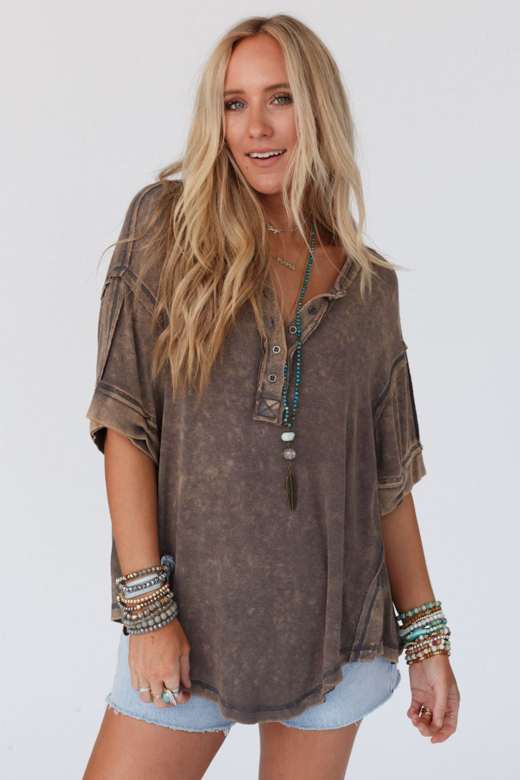 Time Flies Round Hem Top - Gray Brown