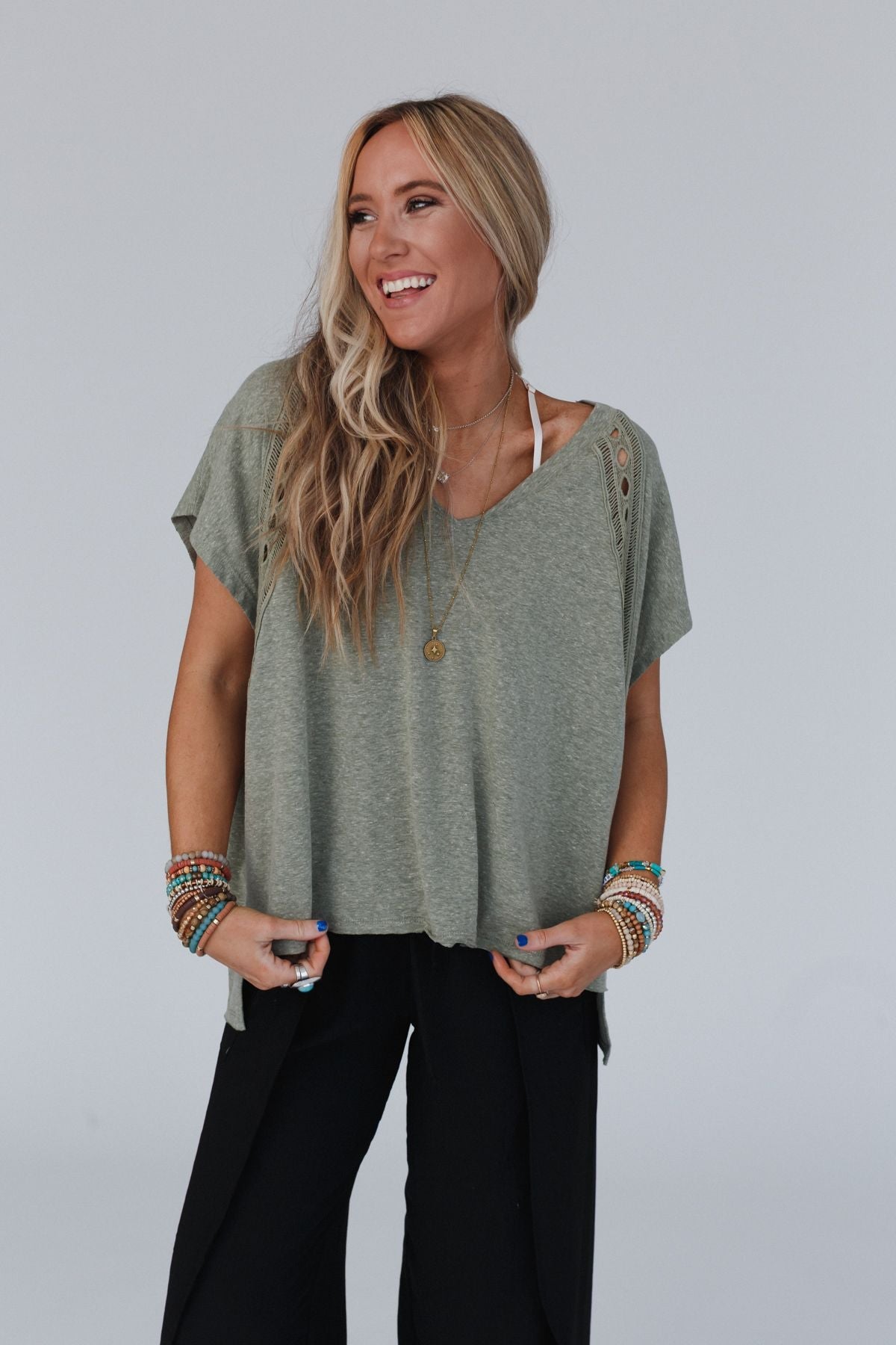 The Nest Camden Lace V Neck Top - Olive