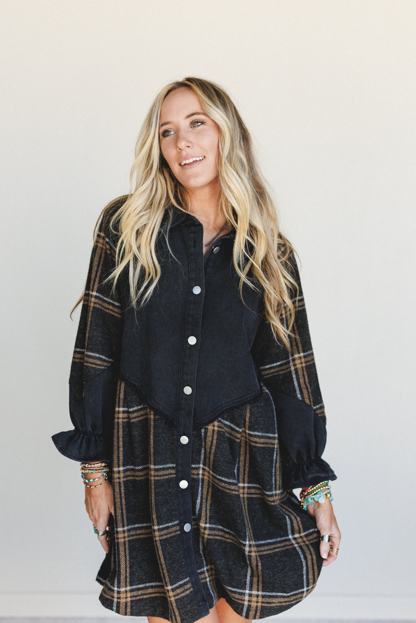 Beau Plaid Button Front Dress - Black
