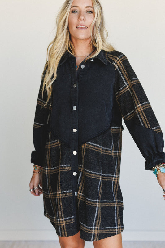 Beau Plaid Button Front Dress - Black