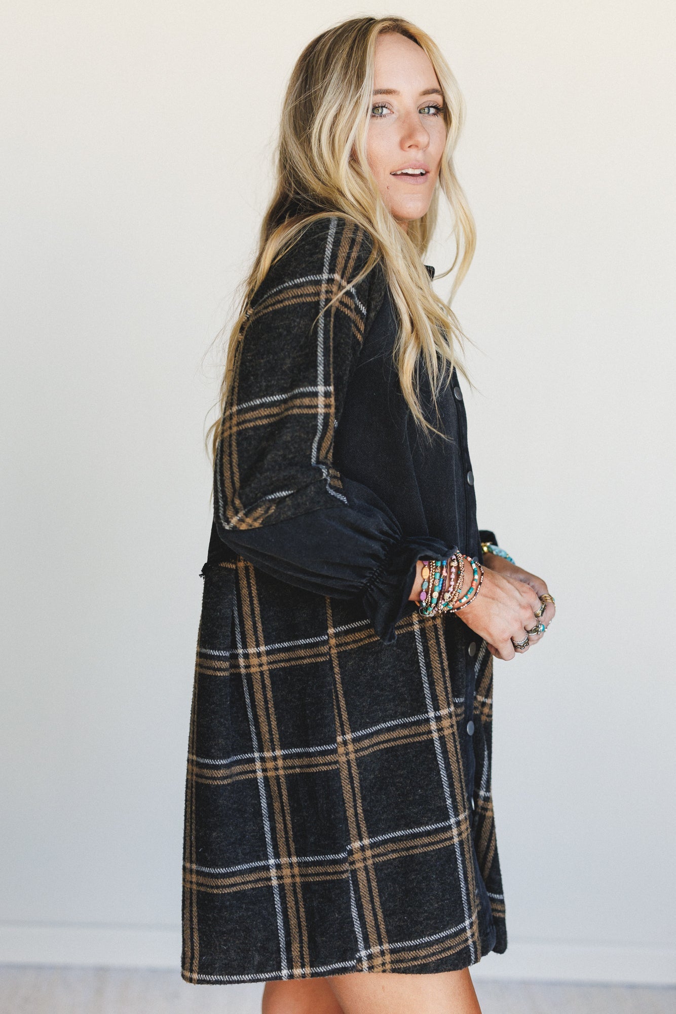 Beau Plaid Button Front Dress - Black