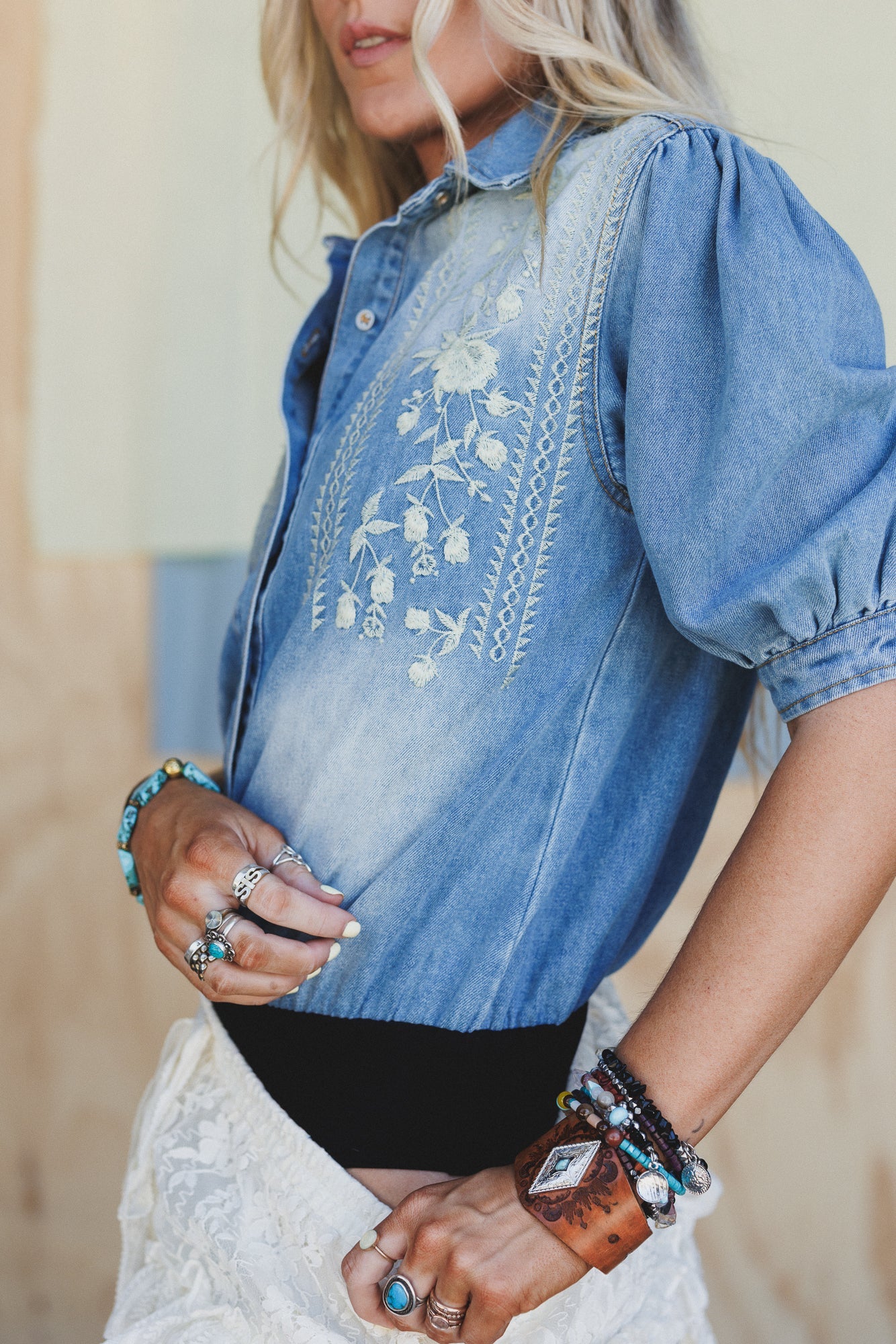 Western Luxe Embroidered Bodysuit - Medium Wash