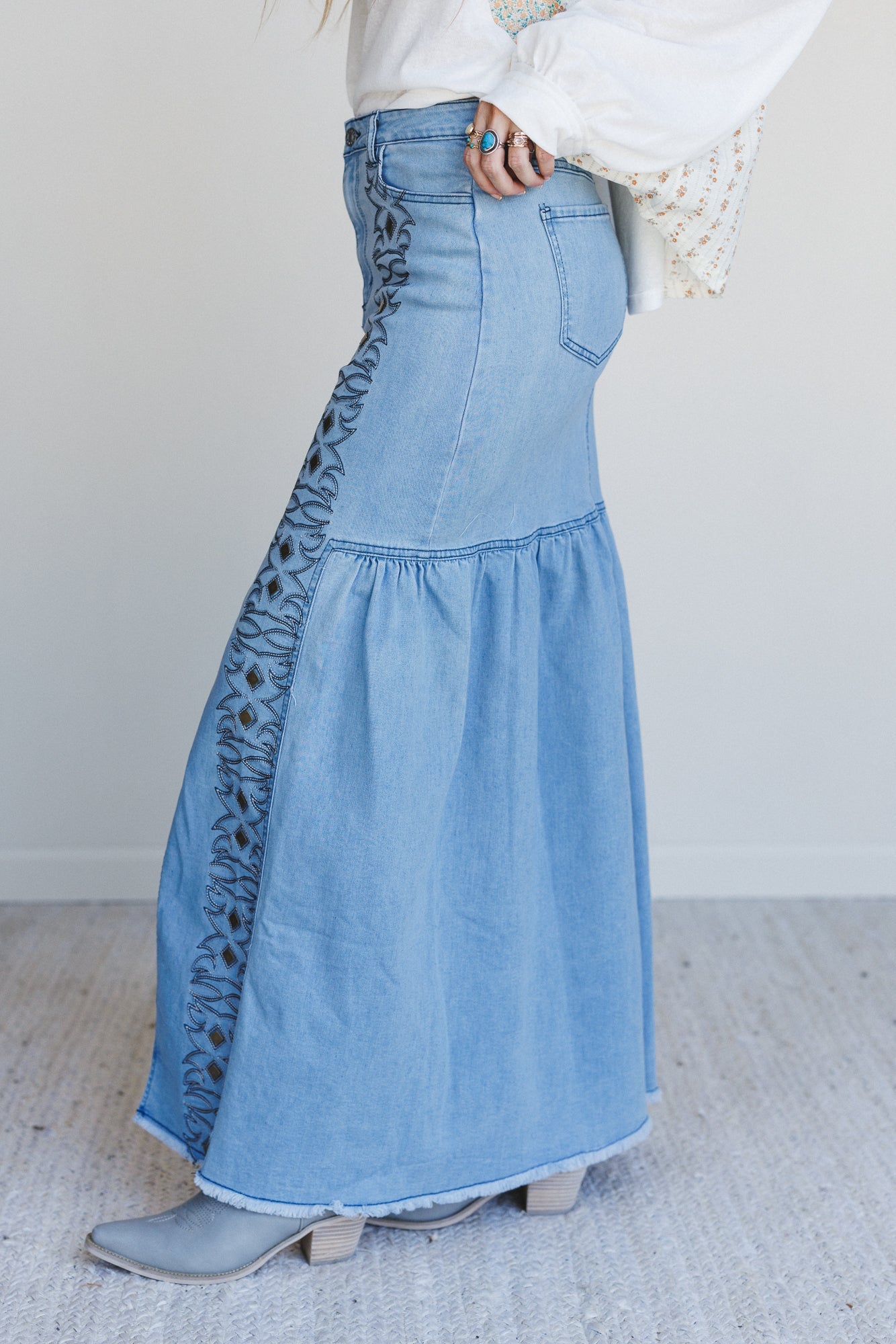 Honey Dust Denim Maxi Skirt - Light Wash