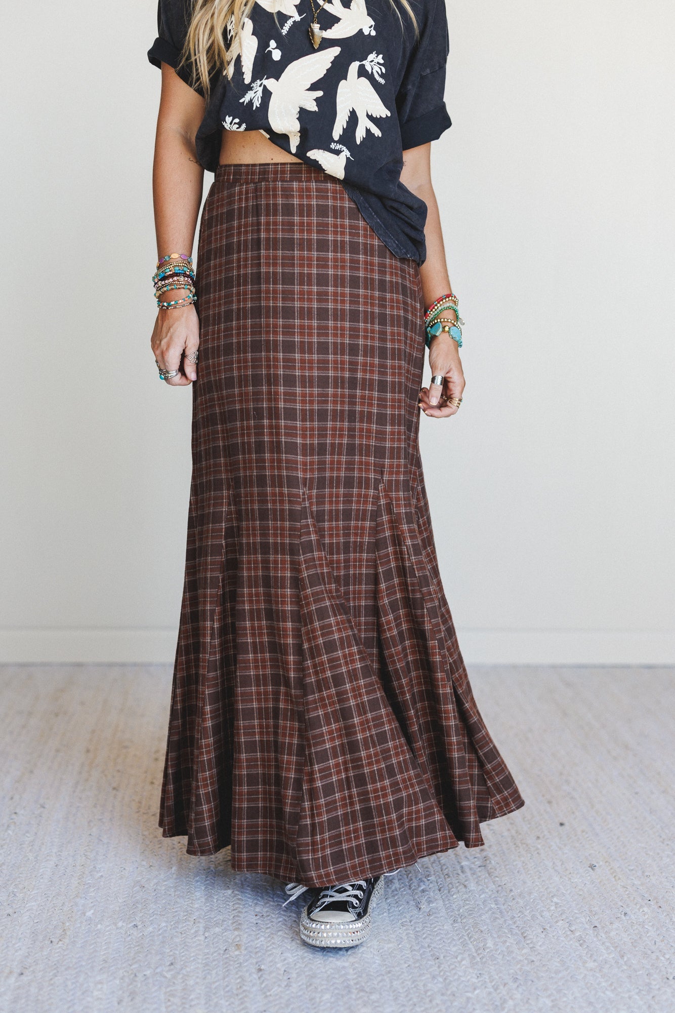 High Plains Plaid Maxi Skirt - Brown