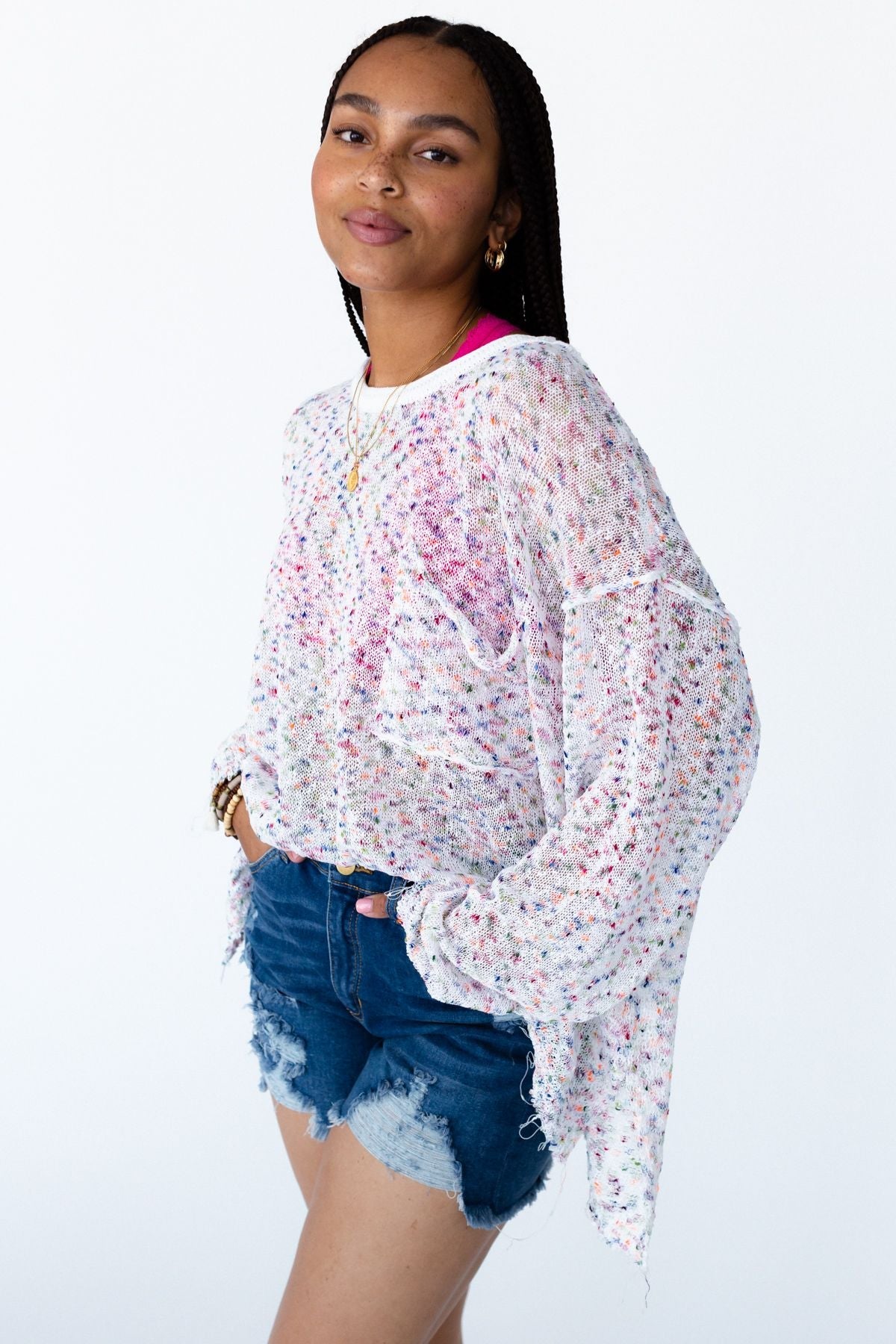 Speckled Beauty Pullover Sweater - White
