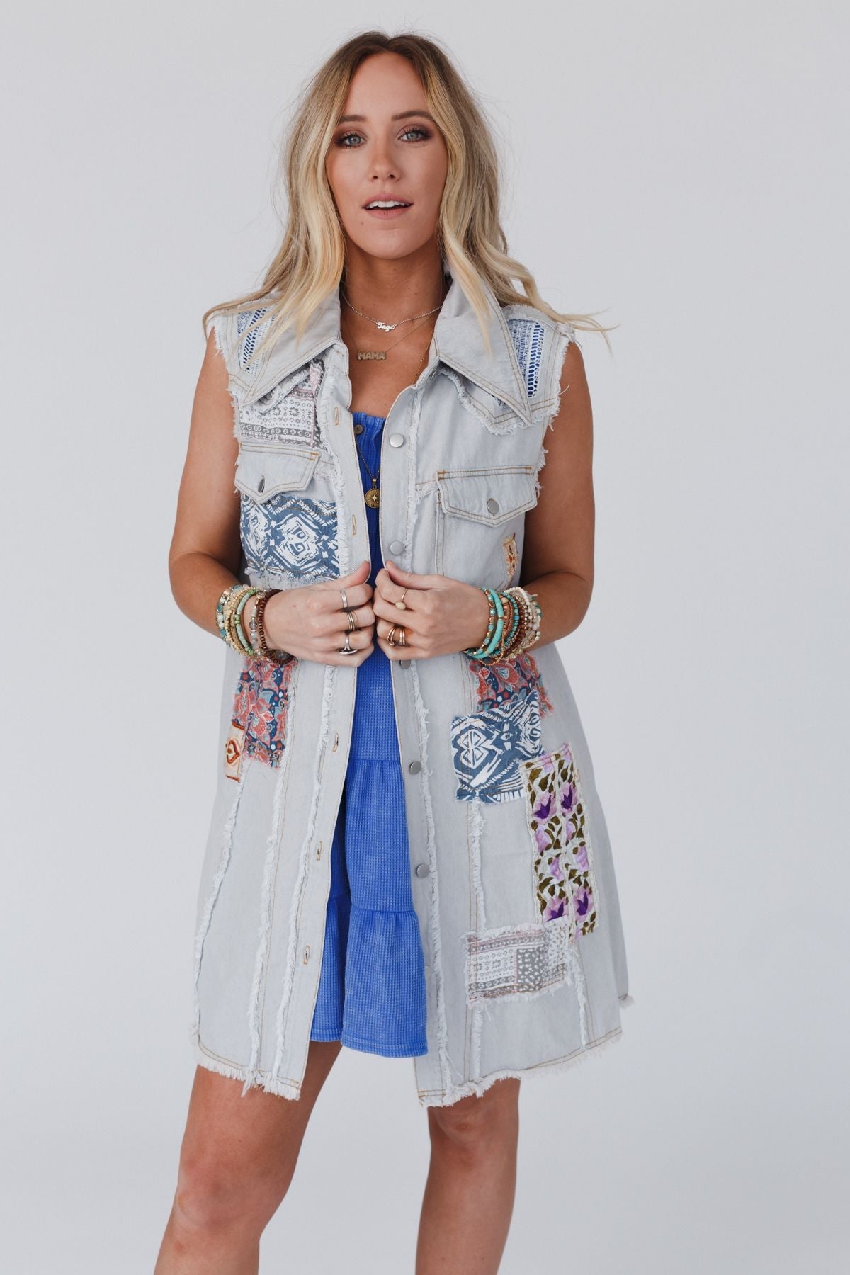 One Of A Kind Sleeveless Denim Dress Vest - Denim Multi