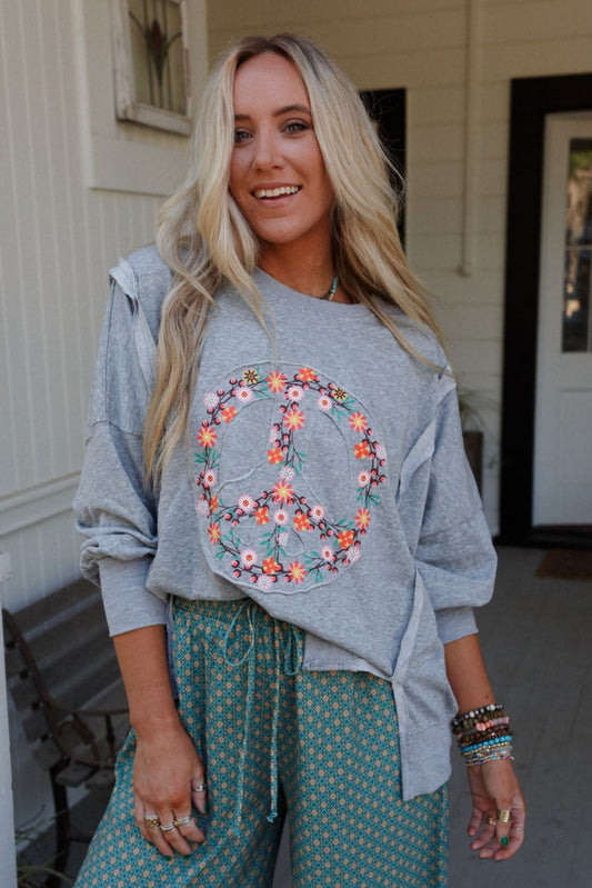Ford Floral Peace Patch Top - Heather Gray