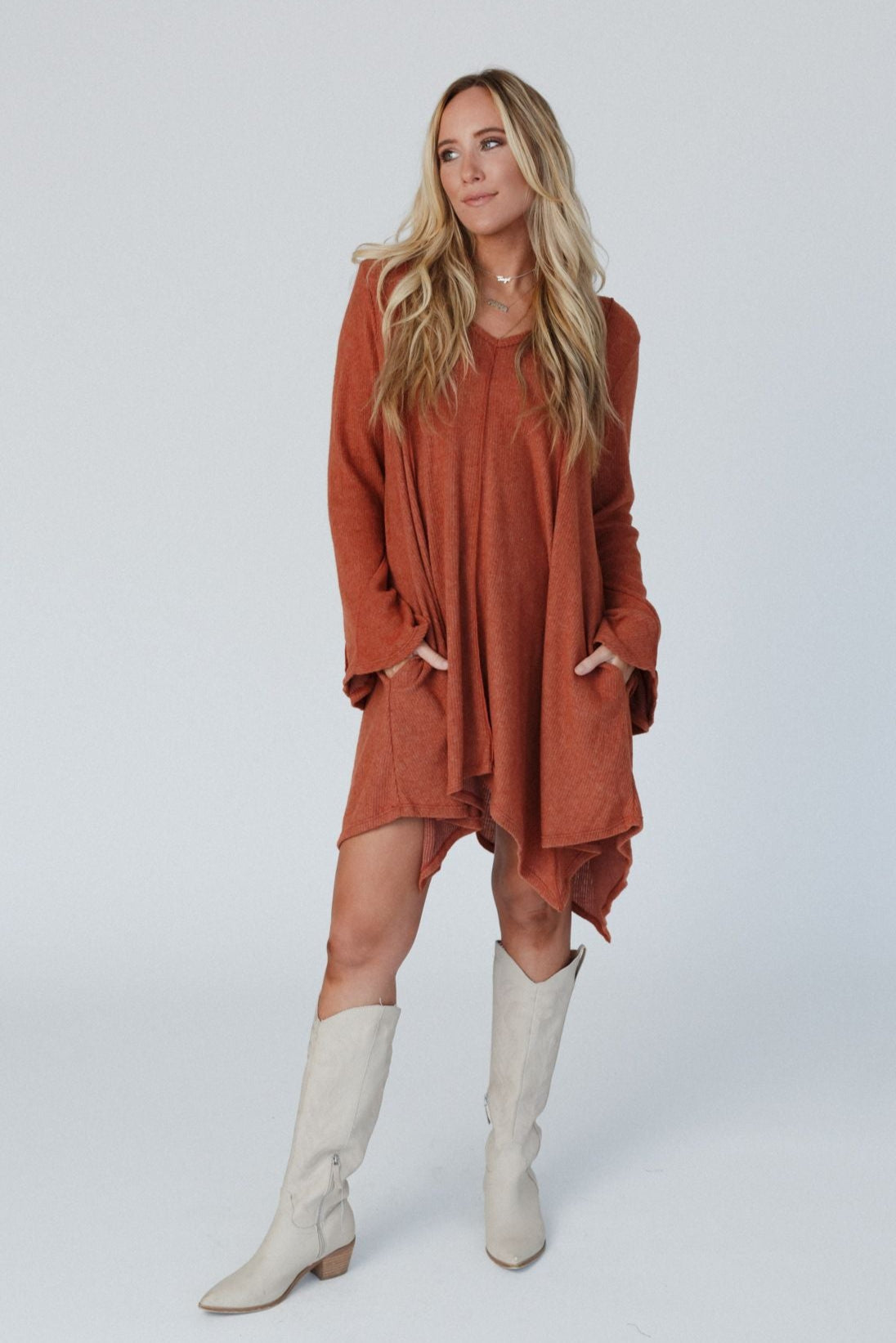 The Nest Golden Hour Long Bell Sleeve Tunic Dress - Rust