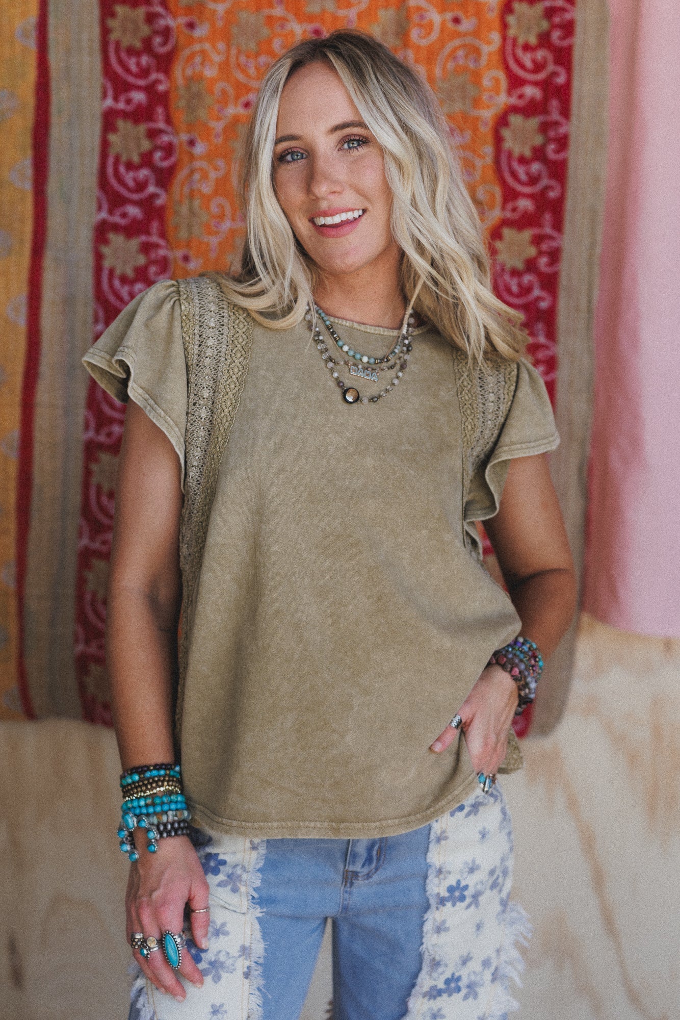 Tulum Tides Crochet Trim Top - Olive