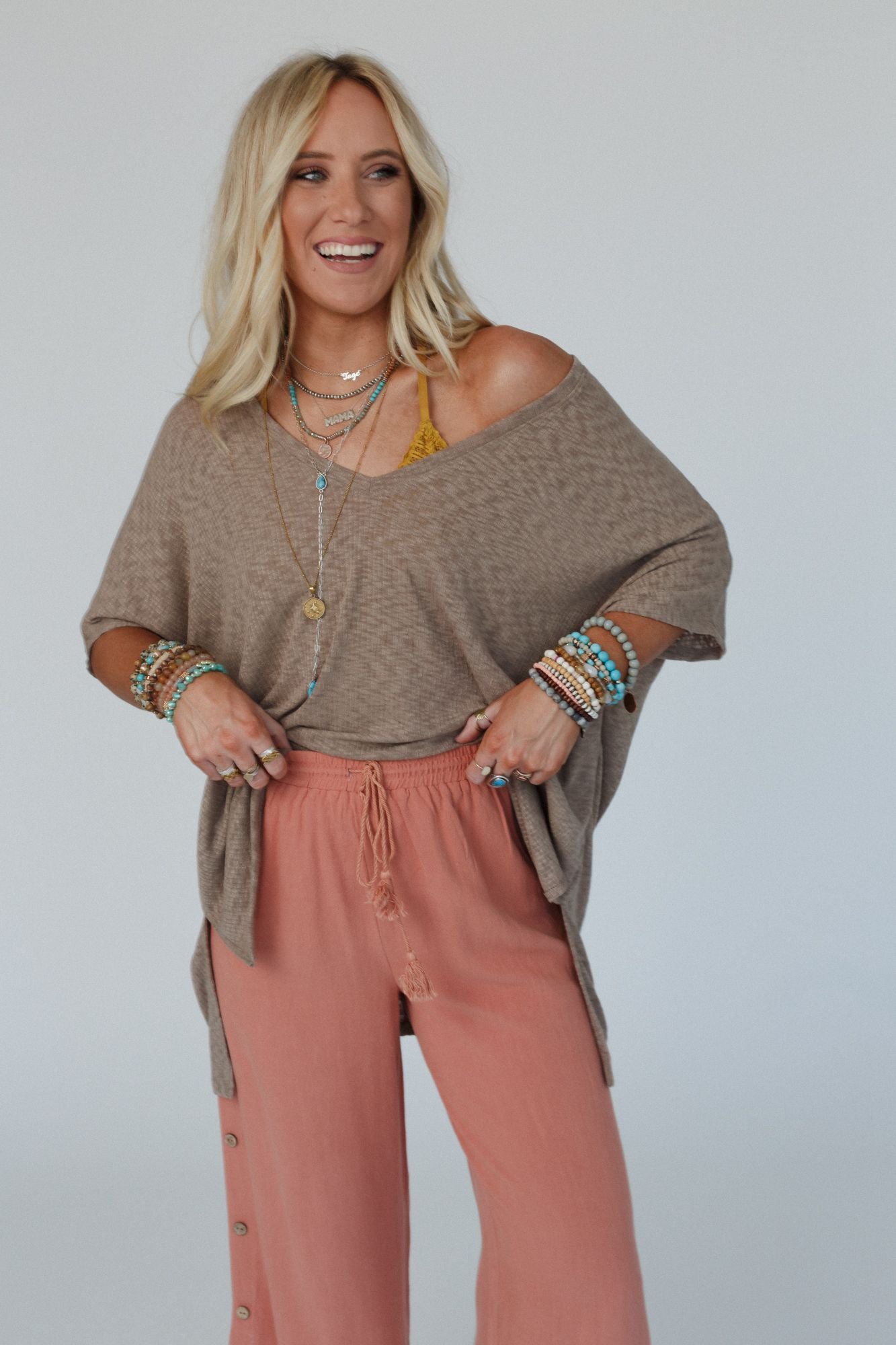 The Nest Warm Nights V Neck Top - Mocha Dark