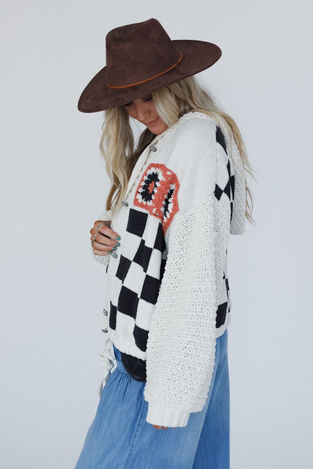 Flower Check Hoodie Top - Cream