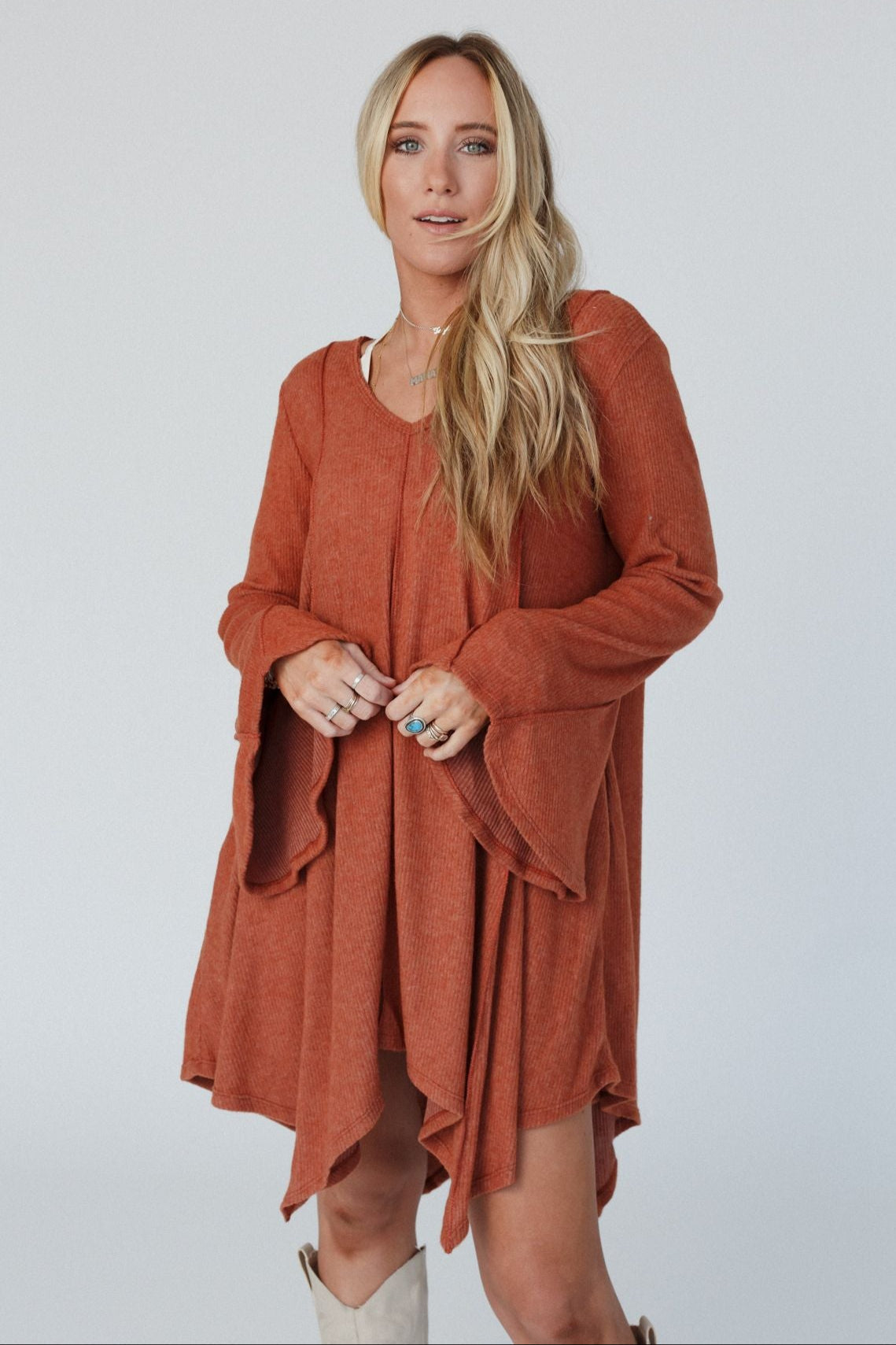 The Nest Golden Hour Long Bell Sleeve Tunic Dress - Rust