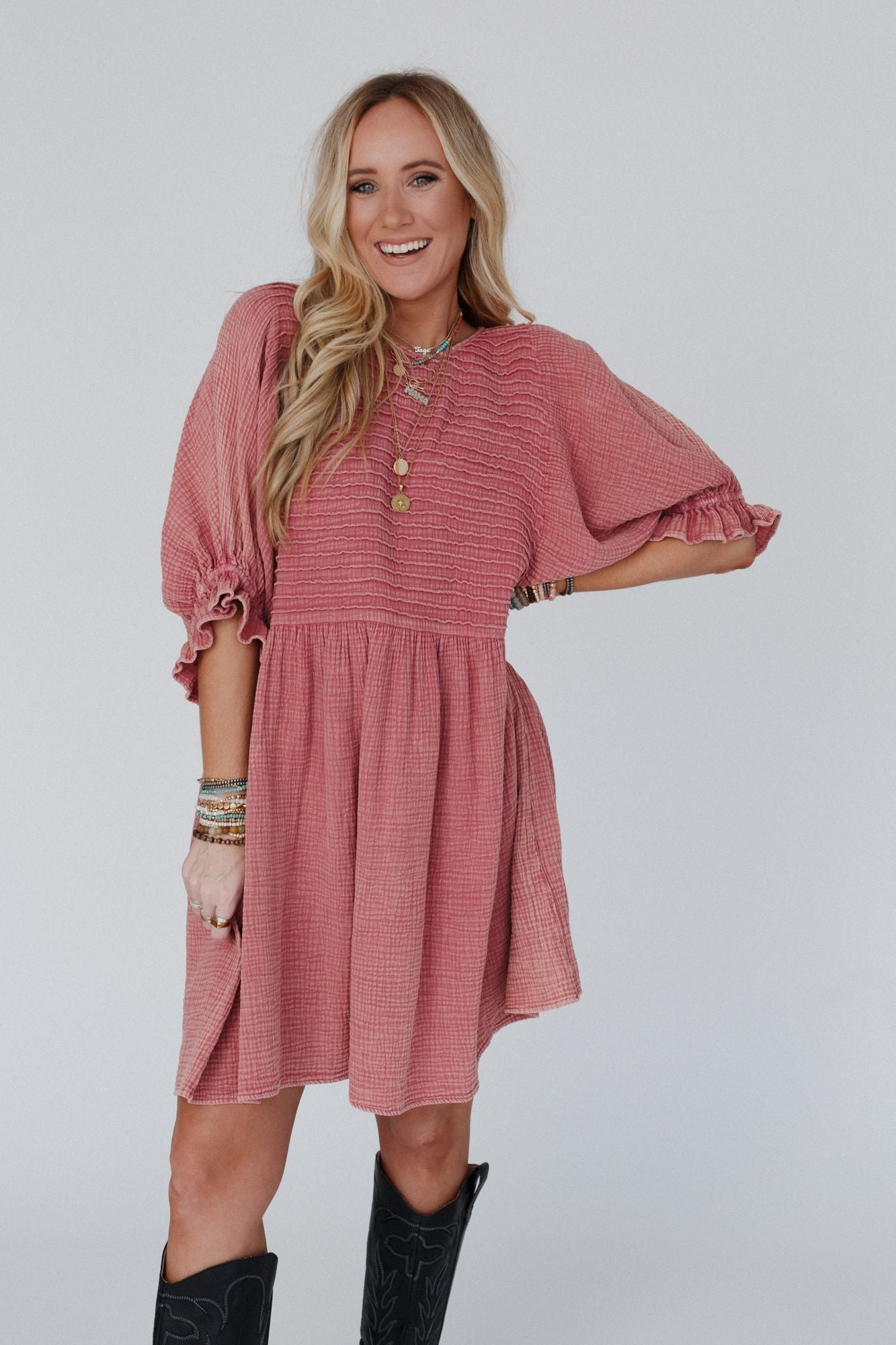 Quinn Puff Sleeve Mini Dress - Rose