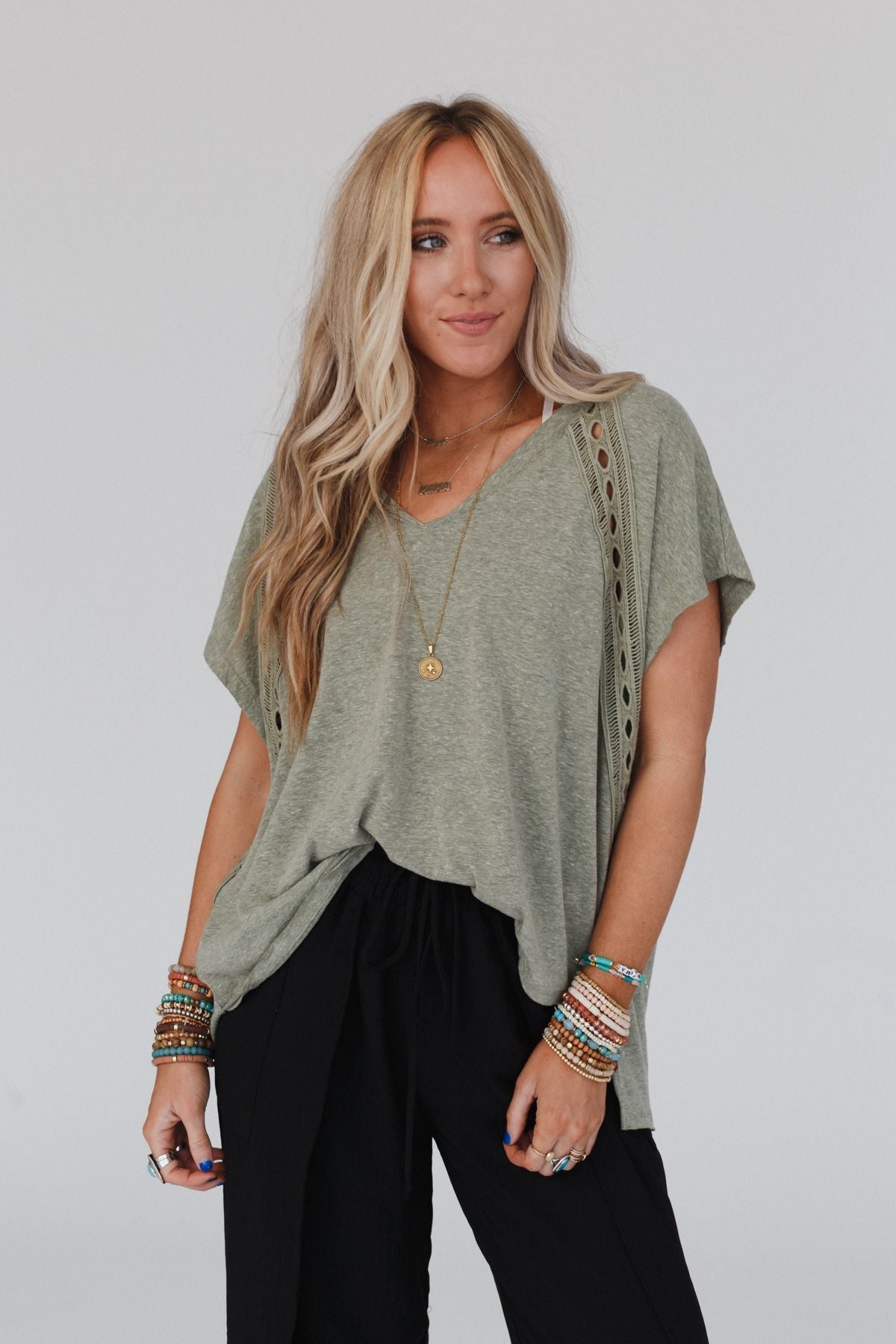 The Nest Camden Lace V Neck Top - Olive