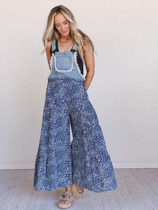 Sunset Paisley Tiered Overalls - Denim
