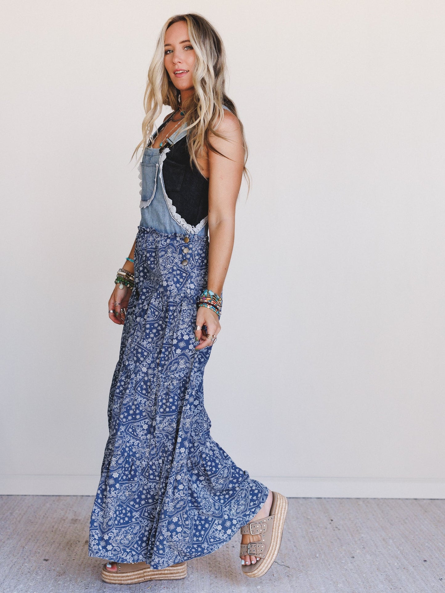 Sunset Paisley Tiered Overalls - Denim