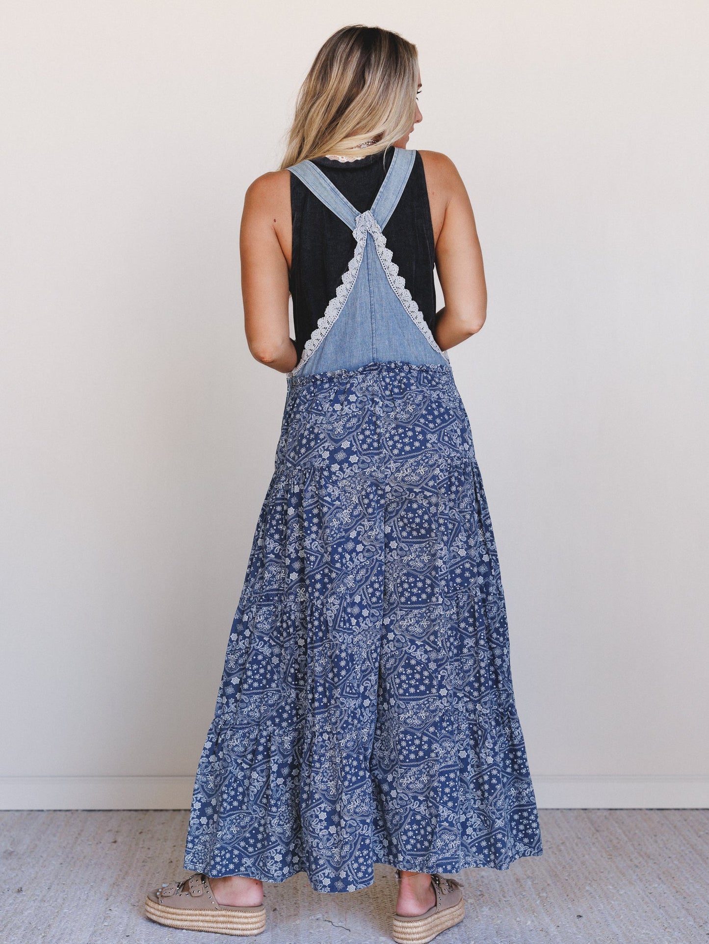 Sunset Paisley Tiered Overalls - Denim