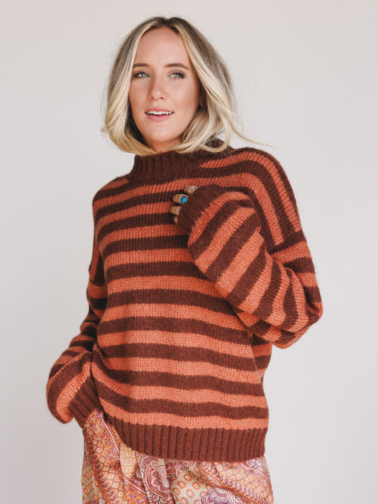 Boho League Striped Sweater - Brown