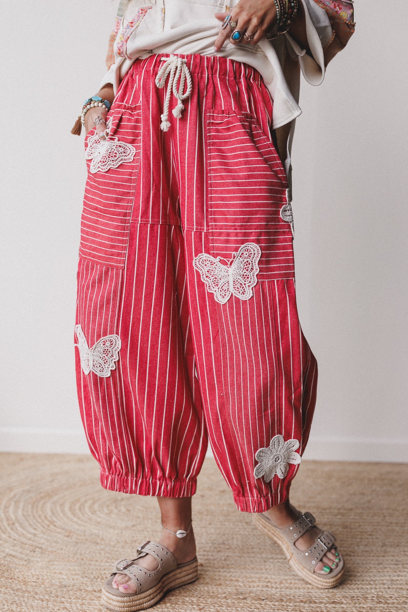 Winged Wanderer Patchwork Barrel Pants - Red