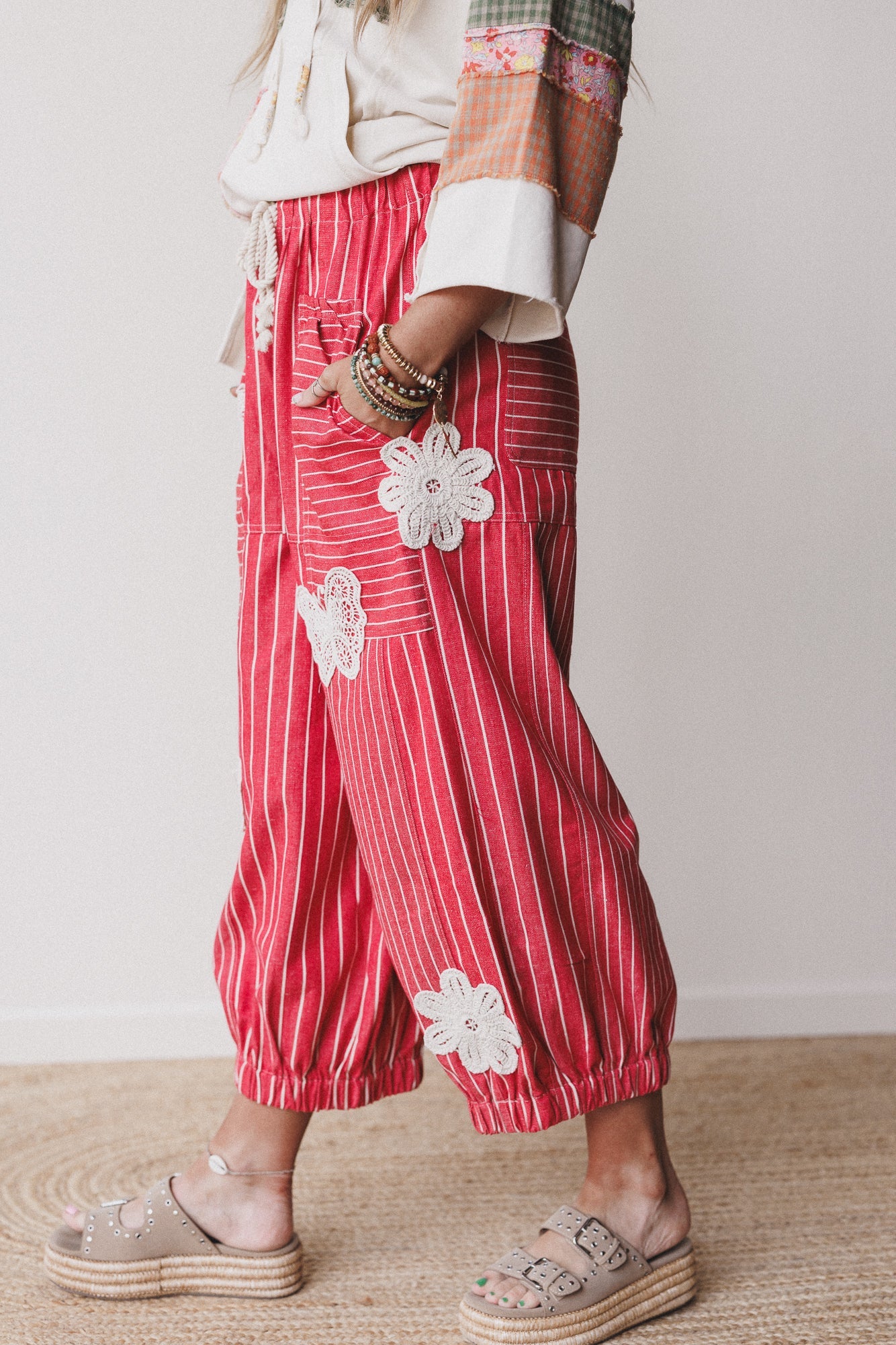 Winged Wanderer Patchwork Barrel Pants - Red