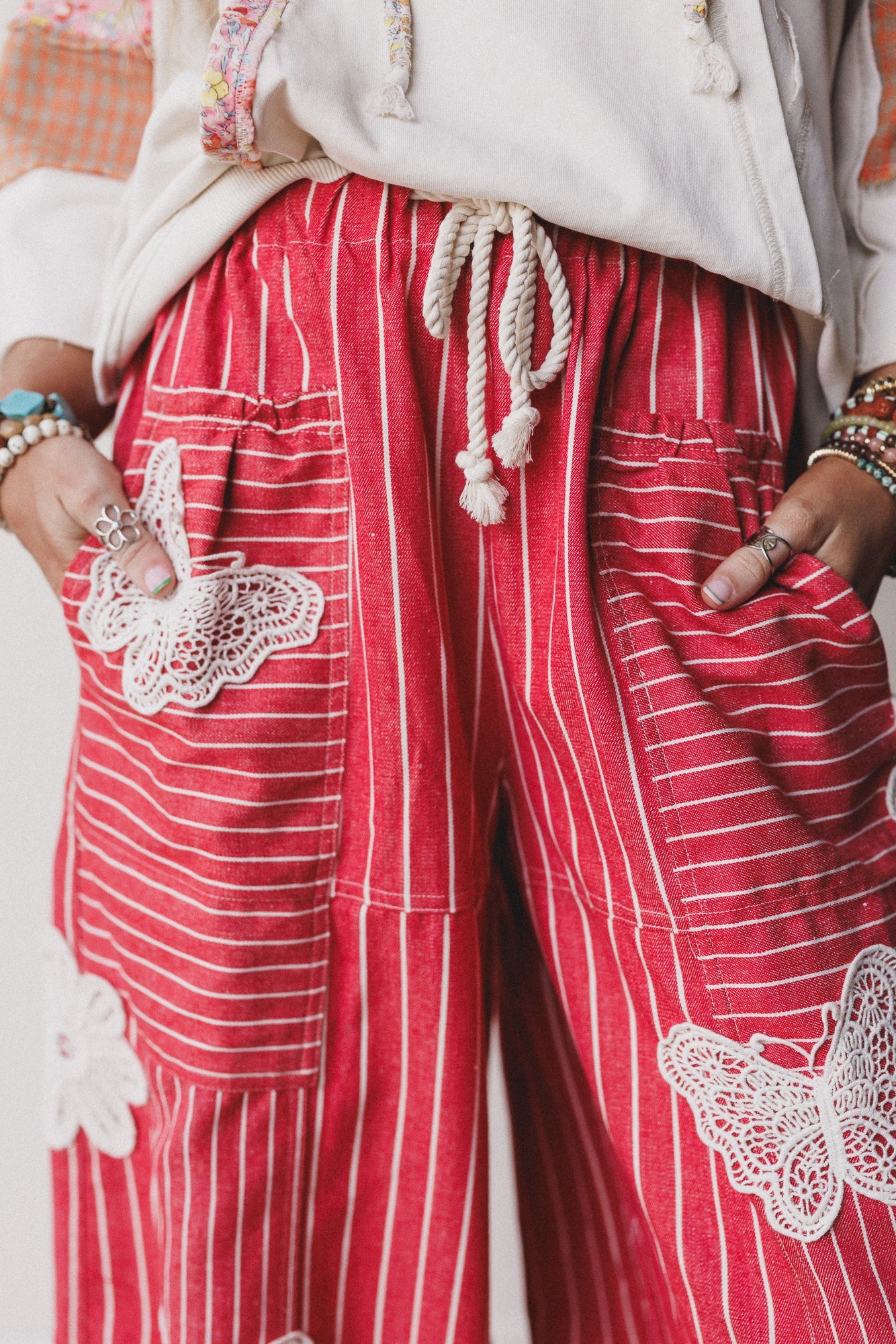 Winged Wanderer Patchwork Barrel Pants - Red