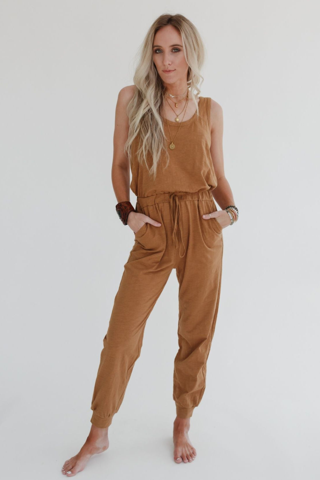 Set to Go Textured Jumpsuit And Cardigan Set - Camel