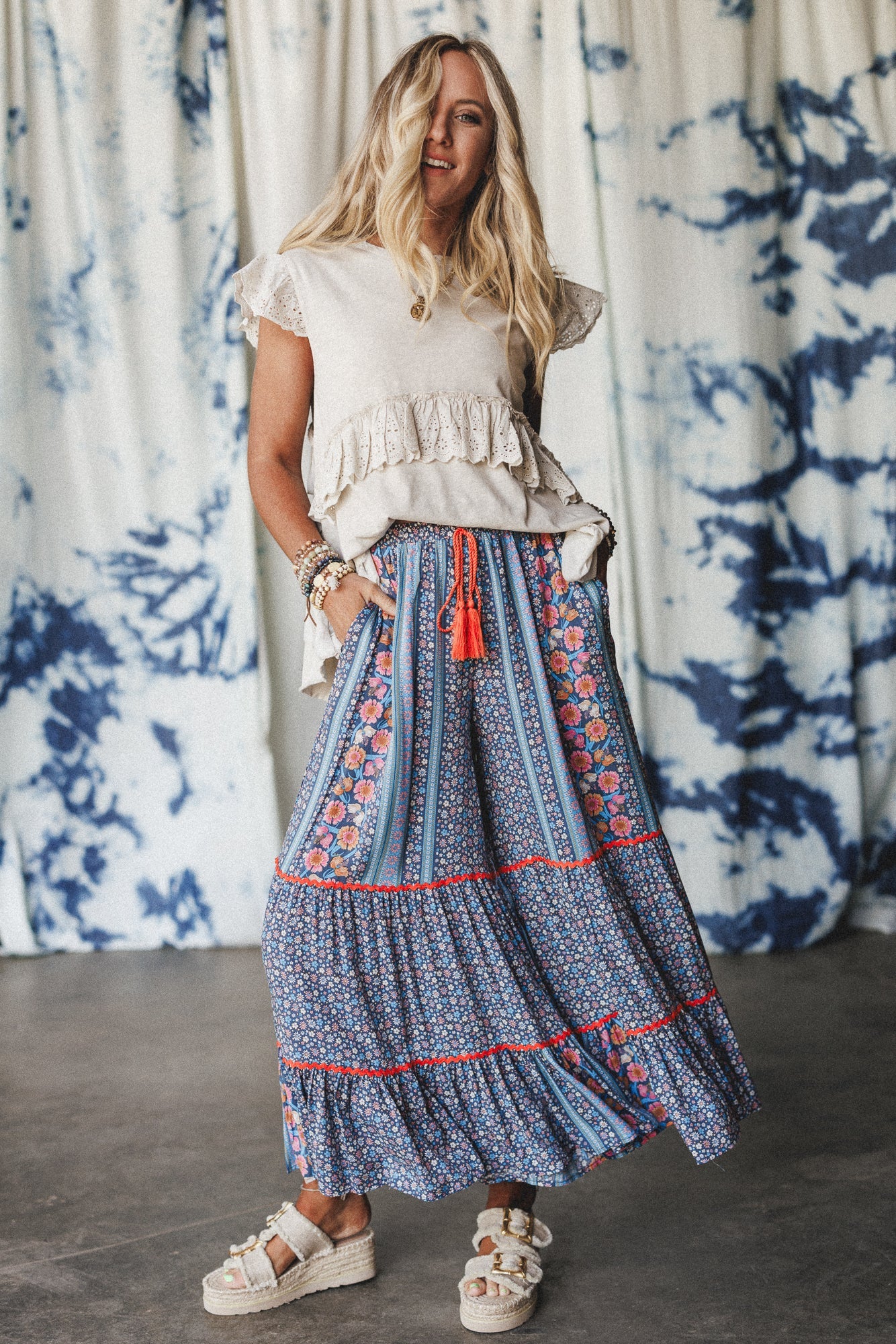 Kate Printed Wide Leg Pants - Blue