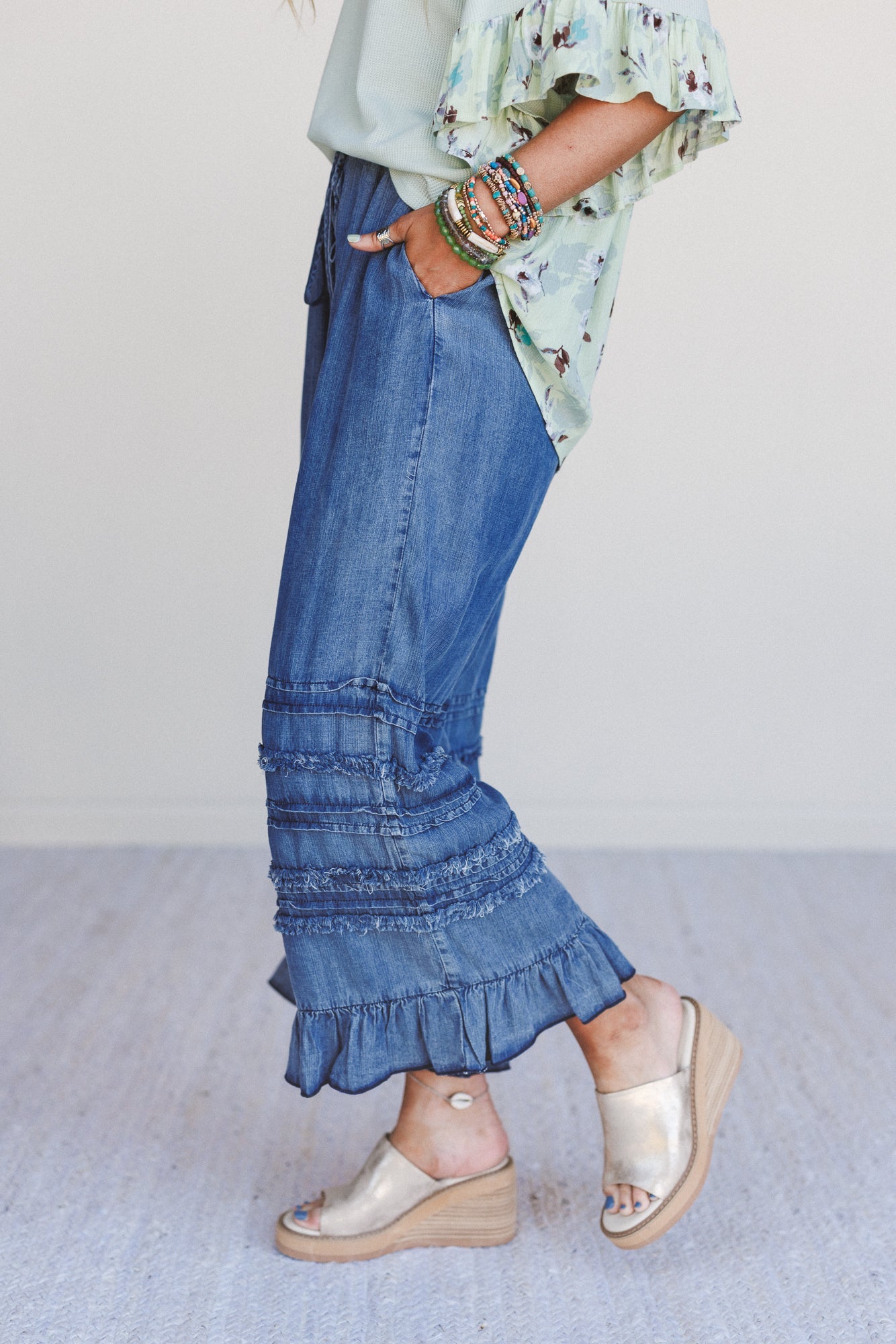 Endless Journey Ruffled Hem Pants - Blue