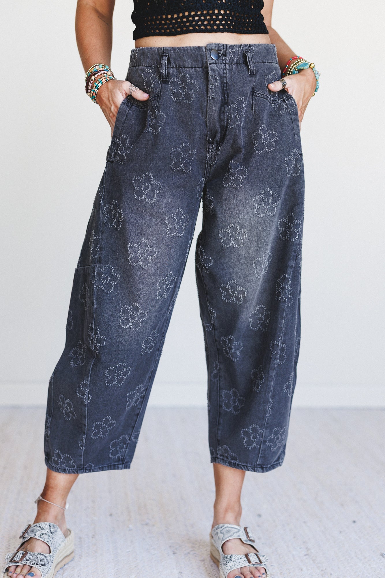 Blossom Trail Barrel Jeans - Black