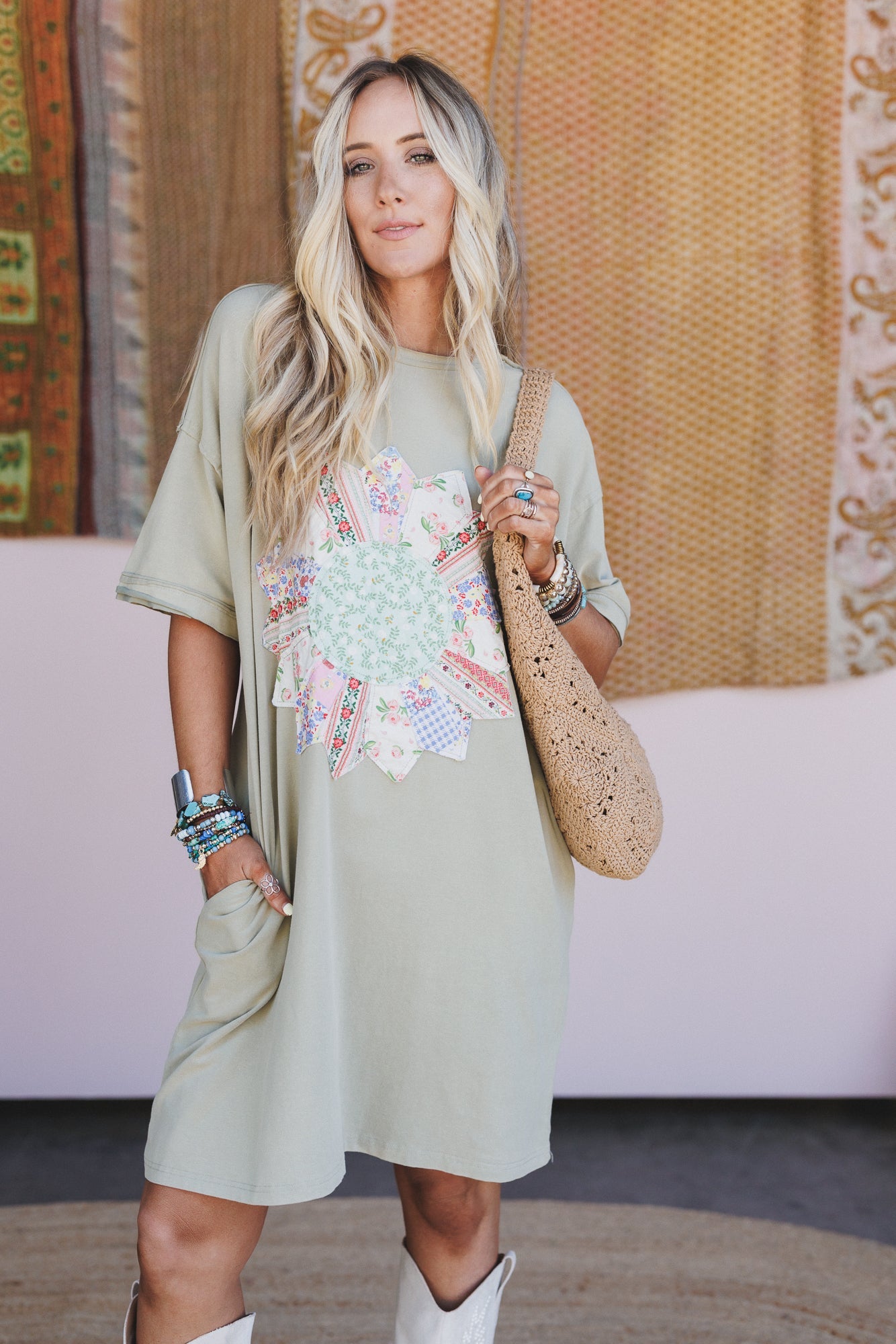 Purely Me Patchwork Tee Dress - Sage