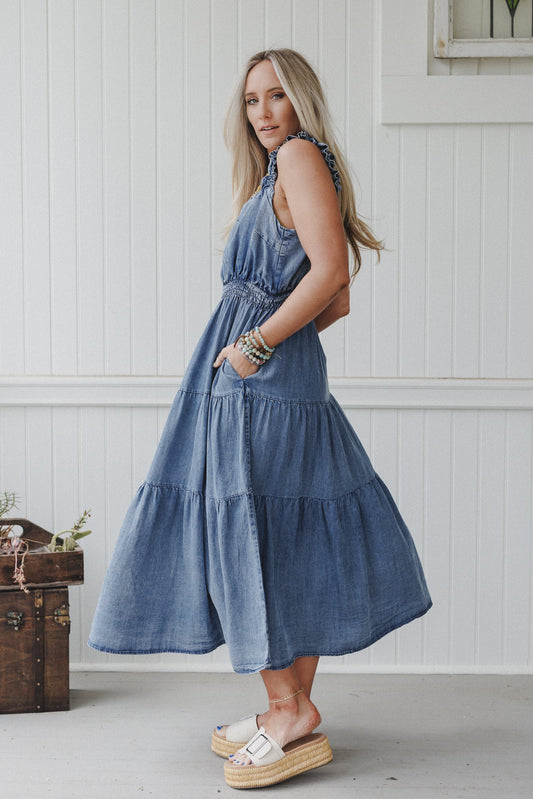 Swing By Tiered Maxi Dress - Washed Denim