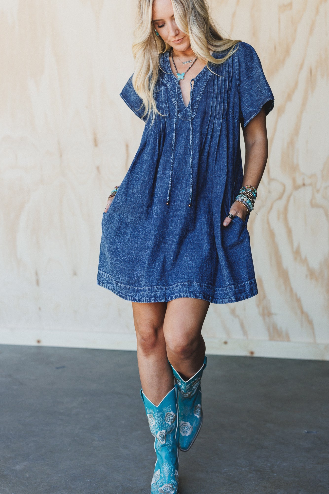 Getaway Pleated Denim Dress - Washed Denim