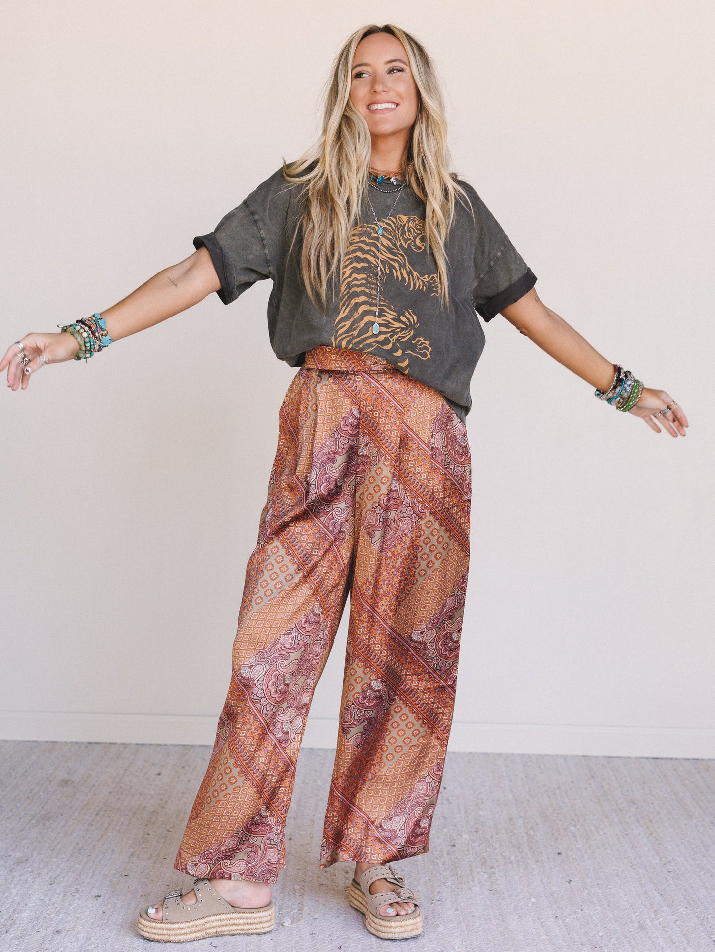 Birch Paisley Wide Leg Pants - Hazelnut