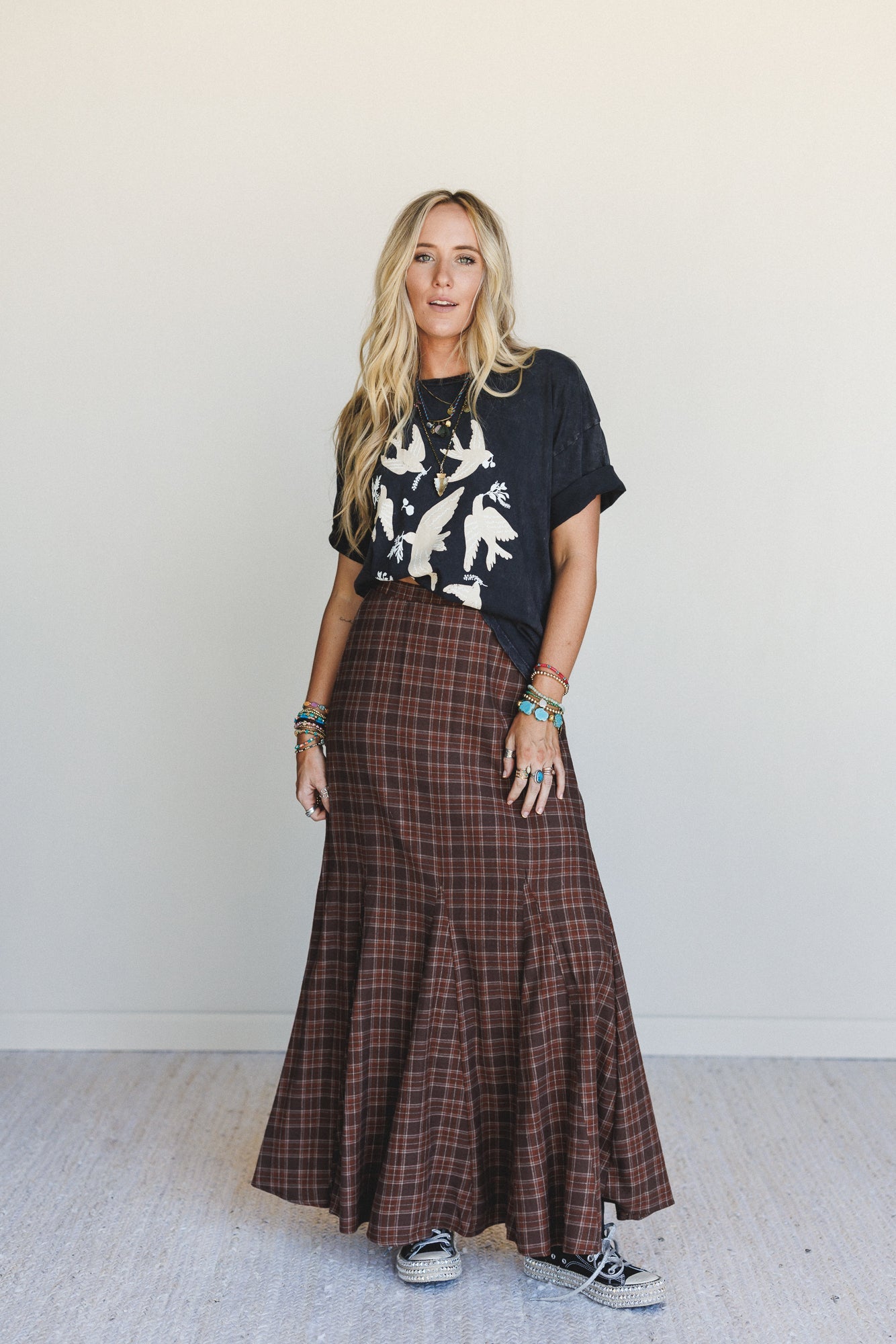 High Plains Plaid Maxi Skirt - Brown