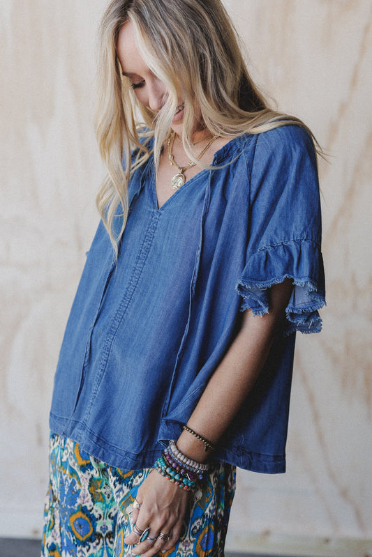 Hearts Aligned Ruffled Sleeve Top - Dark Denim