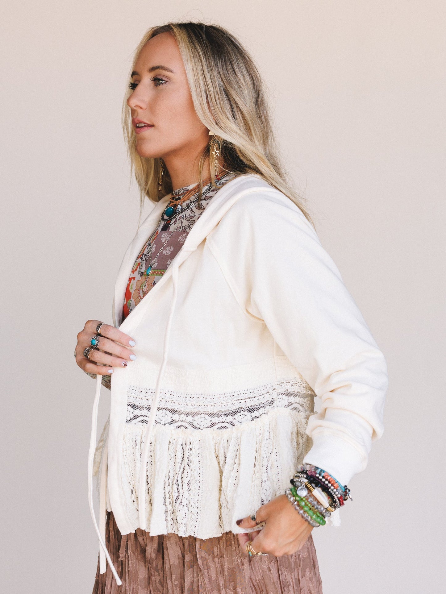 Charmed Heart Lace Hoodie Top - Cream