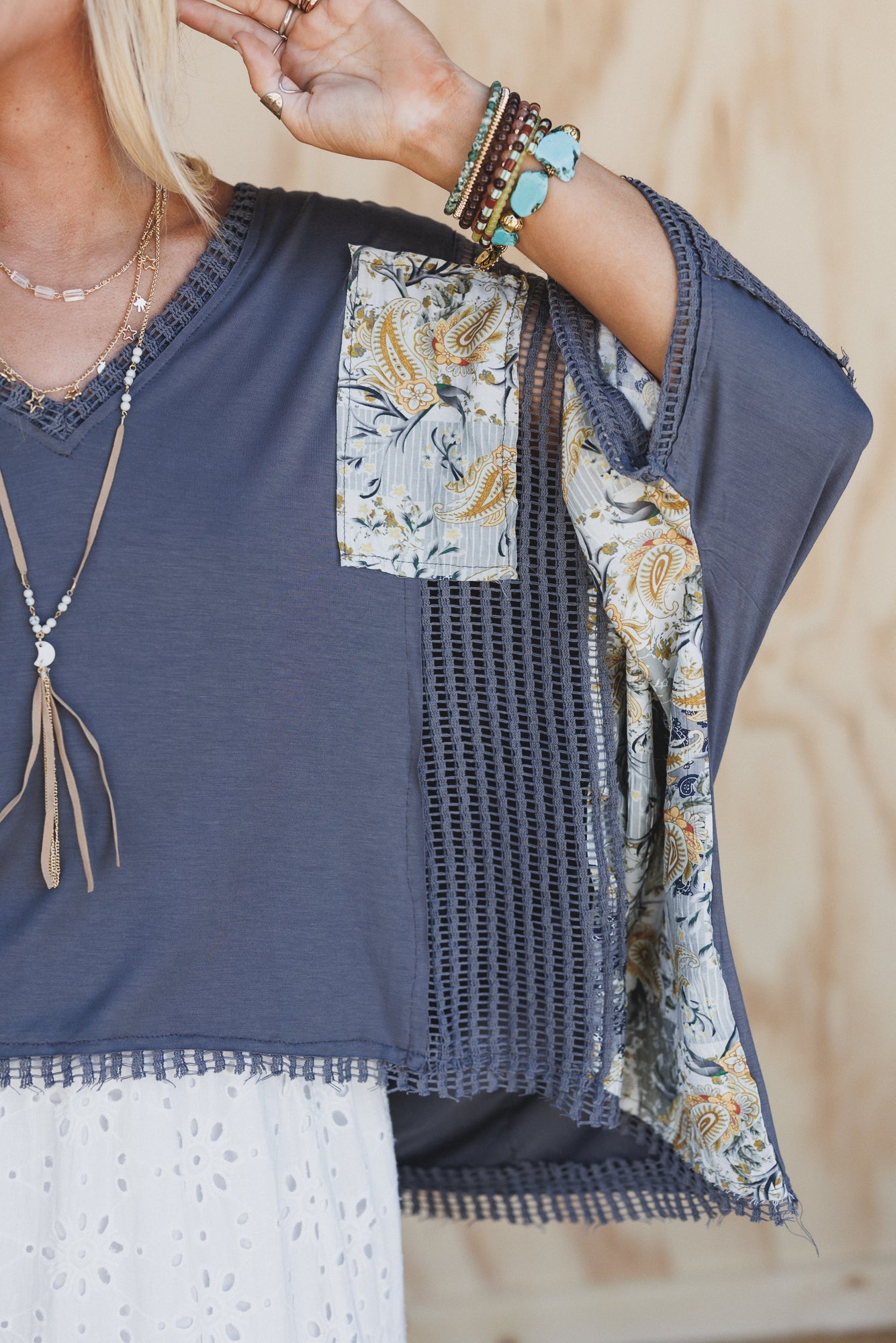 Floral Coast V Neck Top - Charcoal