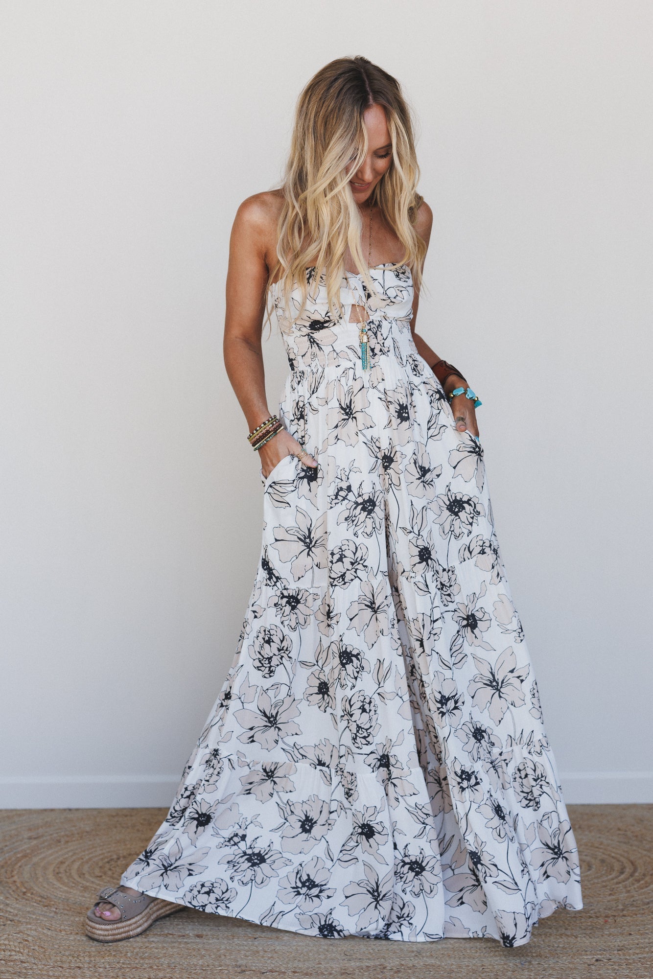 Eternal Bloom Tiered Wide Leg Jumpsuit - Beige Multi