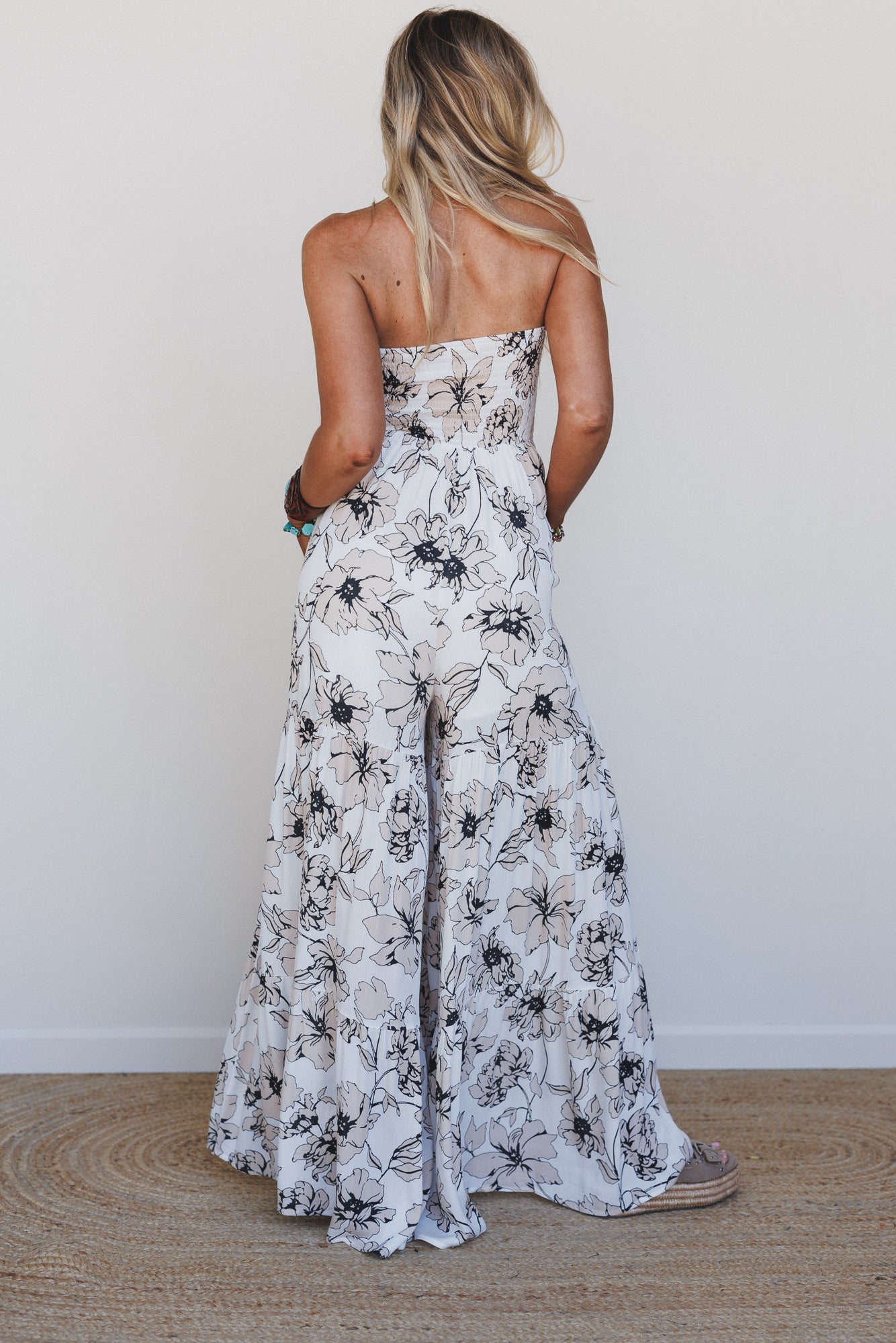 Eternal Bloom Tiered Wide Leg Jumpsuit - Beige Multi