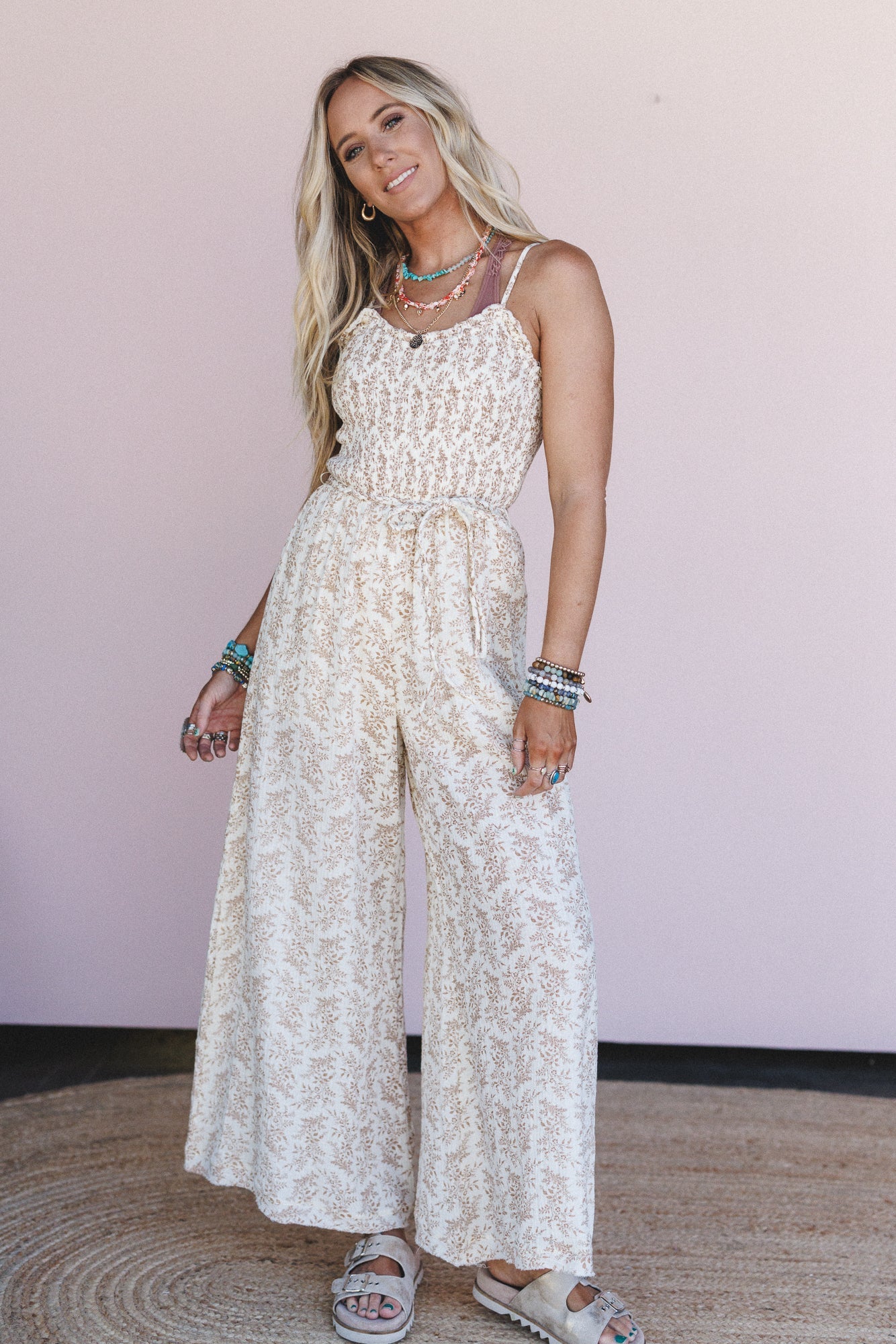 On The Move Floral Print Jumpsuit - Sand