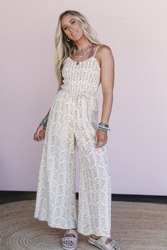 On The Move Floral Print Jumpsuit - Sand