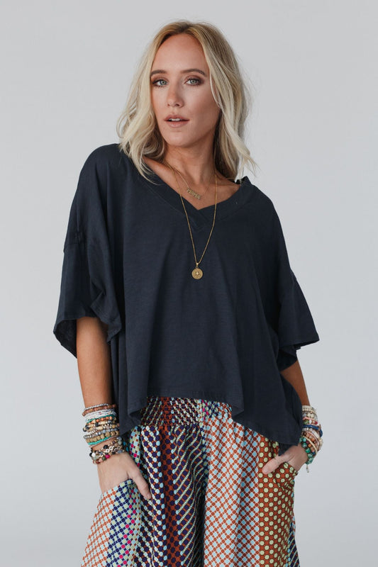Cozy Oversized Slub V Neck Top - Navy