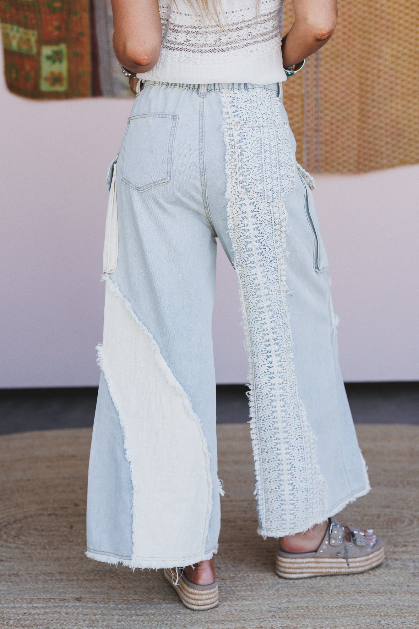 Seaside Bloom Crochet Detail Pants - Denim