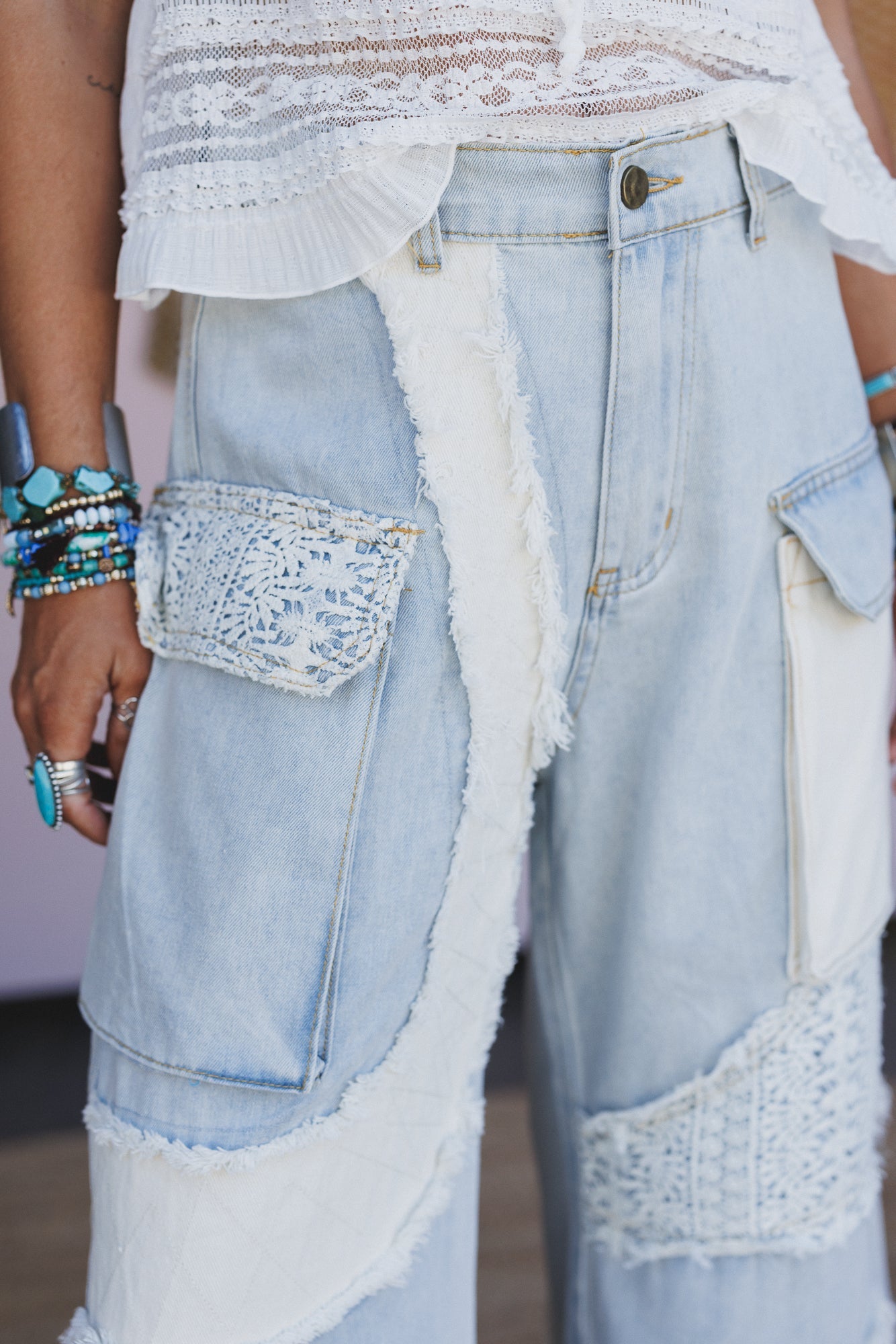 Seaside Bloom Crochet Detail Pants - Denim