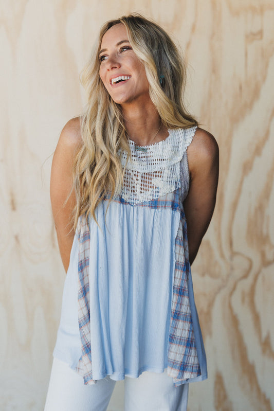 Plaid Meadow Mix Print Top - Blue