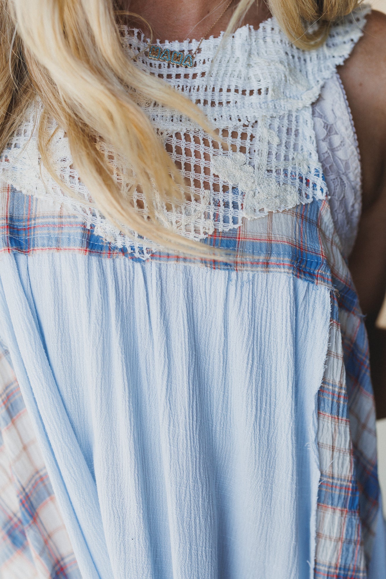 Plaid Meadow Mix Print Top - Blue