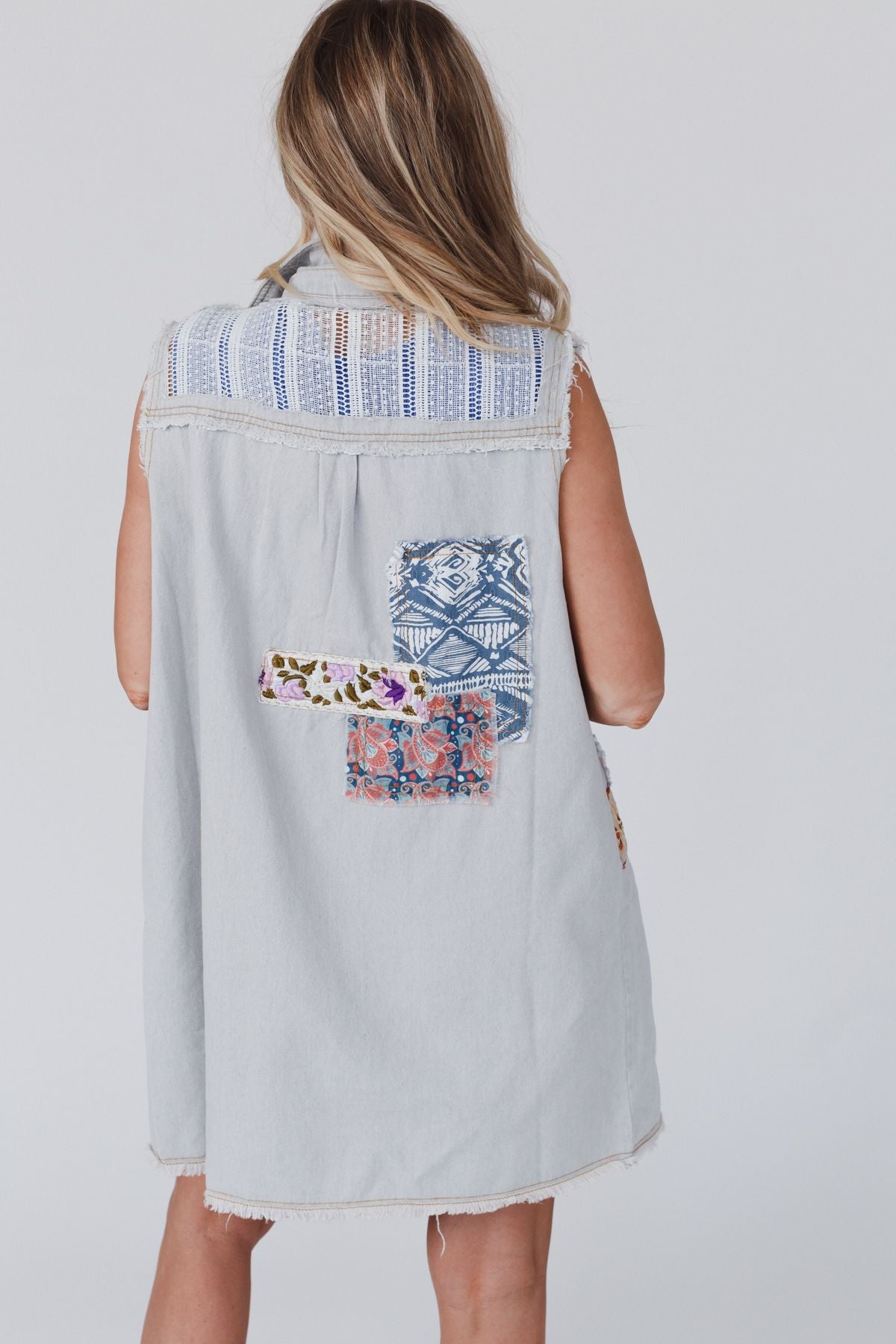 One Of A Kind Sleeveless Denim Dress Vest - Denim Multi