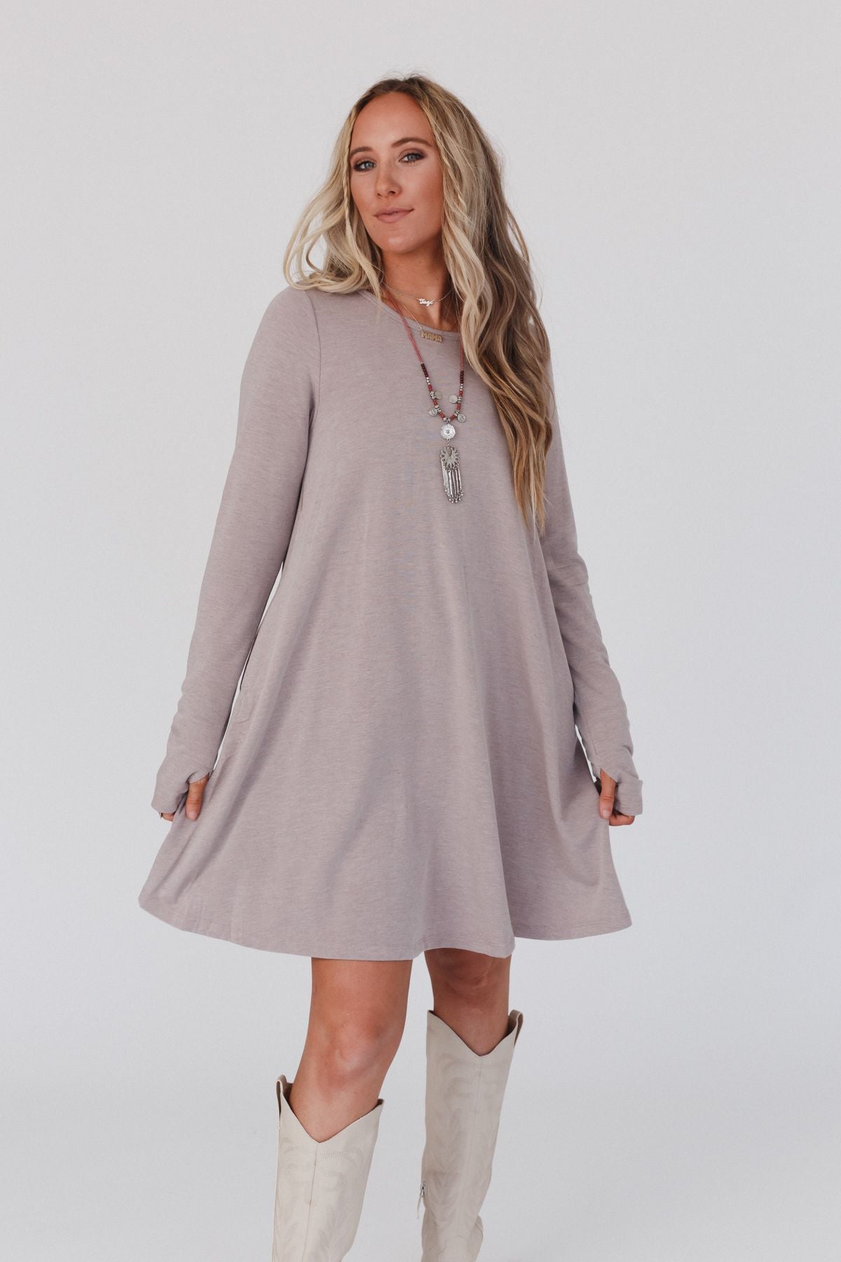 The Nest Jake Long Sleeve Crewneck Dress - Mocha Latte